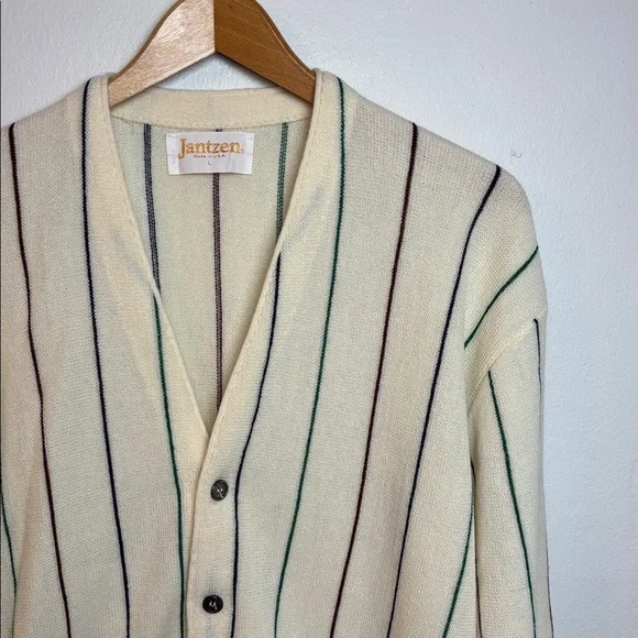 VTG Jantzen Candy Cane Striped Men’s Cardigan Sweater Cream Large Preppy Grandpa - Picture 3 of 6